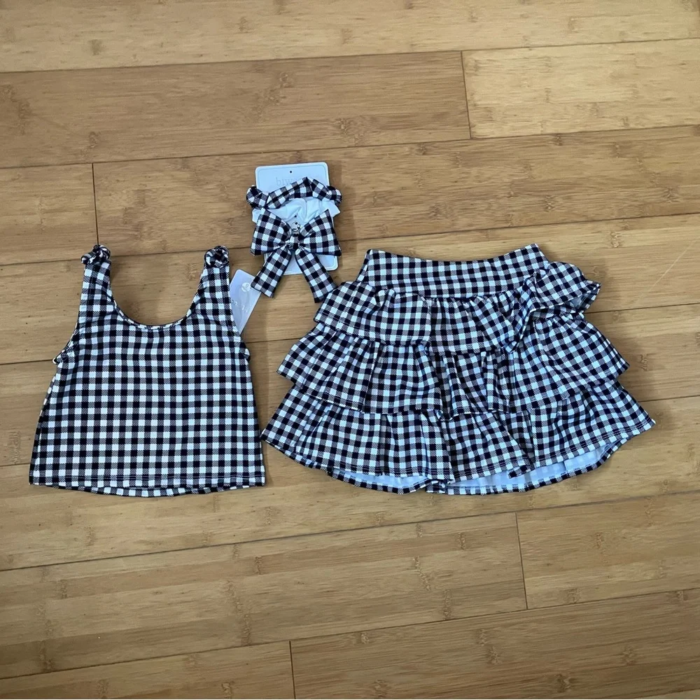 btween Black and White Gingham Ruffle Skirt & Tank Set with Hair Bows - Picture 1 of 2